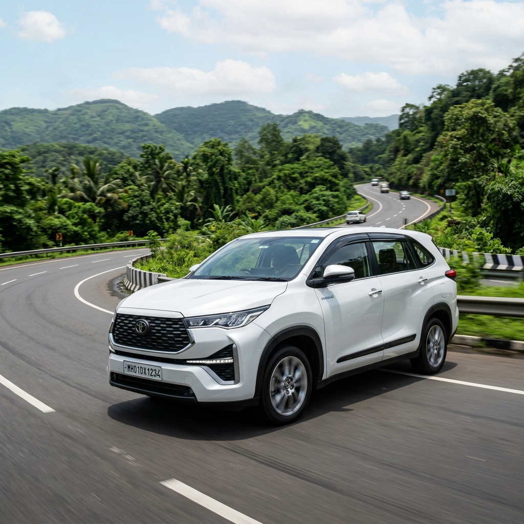 White SUV driving on a curved highway through green forested hills